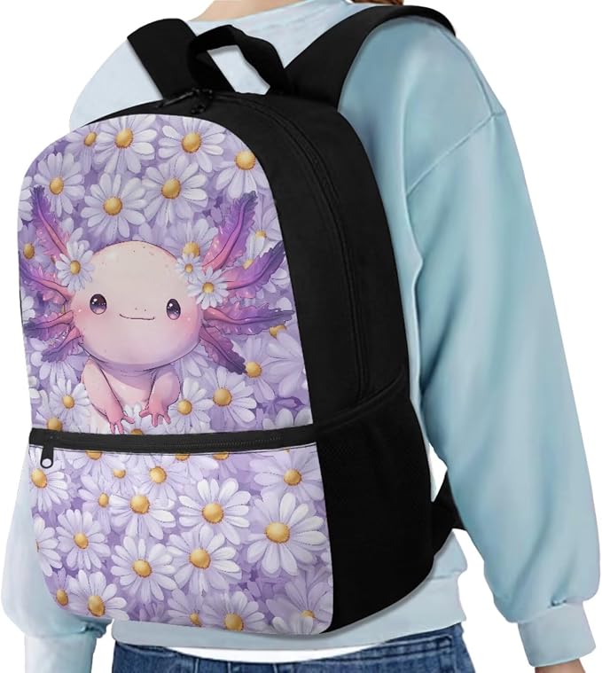 Daisy Axolotl Backpack for Girls Kids Backpack with Lunch Box Water Bottle Carrier with Strap and Big Pencil Case 4PCS Set Bookbag with Front Pocket for School 17" Sturdy Elementary School Bag - Image 2