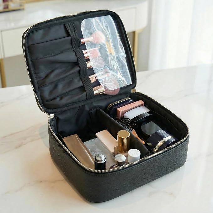 Luxury Genuine Cowhide Leather Cosmetic Organizer Bag – Large Capacity Makeup & Toiletry Travel Case with Compartment, Brush Holder for Women and Men - Image 5