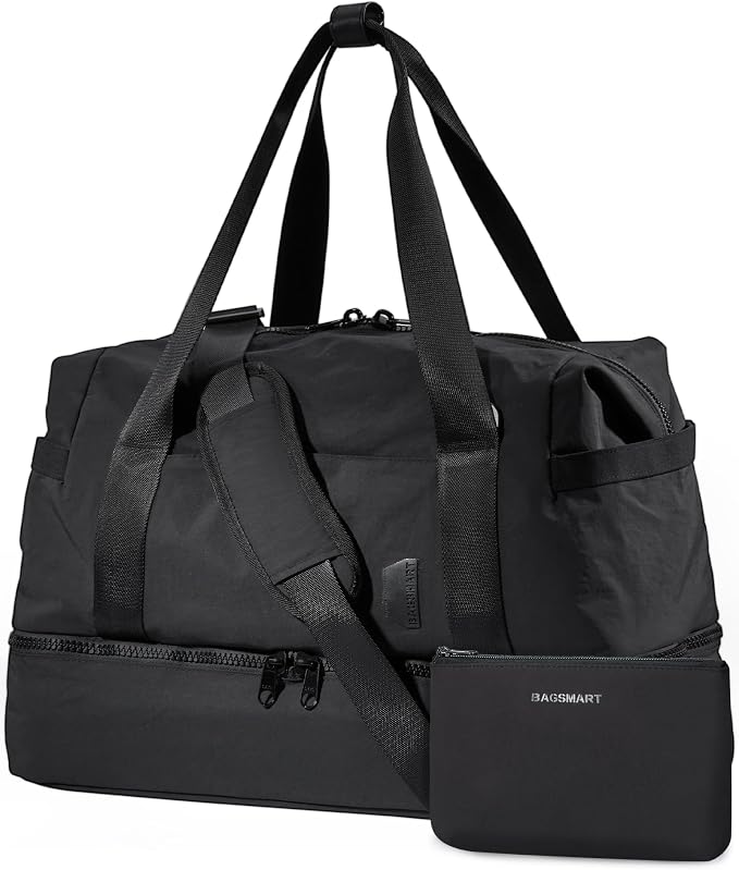 Weekender Bags for Women, BAGSMART Travel Duffel Bags with Shoe Compartment,Personal Item Travel Bag for Airlines, Carry on Overnight Tote Bag with Toiletry Bag(Black,2pcs) by BAGSMART