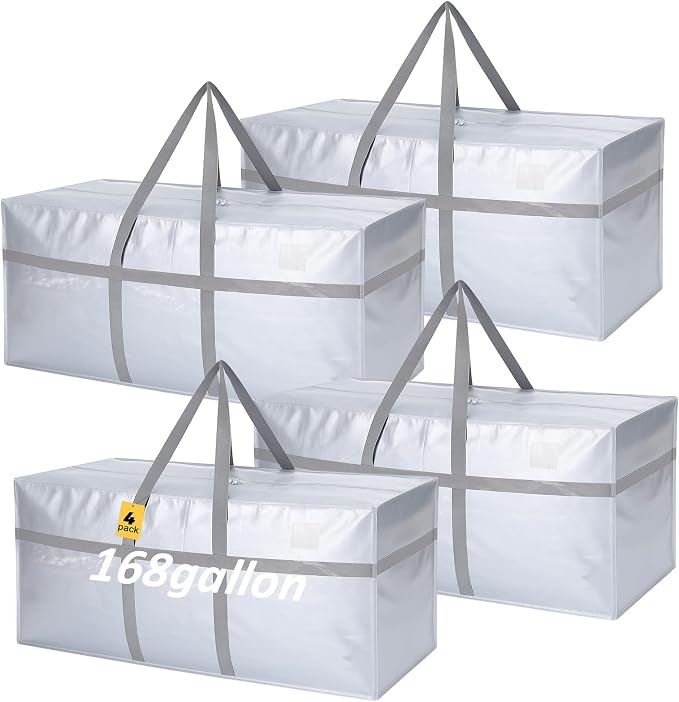 Windyun 4 Pack 168 Gallon Extra Large Moving Bags XXL Heavy Duty Storage Bag with Strong Zipper Handle Jumbo Big Tote Box Foldable for College Dorm Travel Clothes Duffle Blanket Pillow(Silver) by Windyun