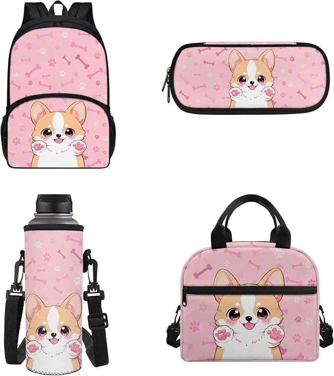 POLERO Pink Corgi Backpack for Corgi Dog Lovers 4Pcs Bookbag with Lunch Box Pencil Case Water Bottle Cover School Bag Set for Girls 4-6 for Preschool First Grade by WelcometoPOLERO