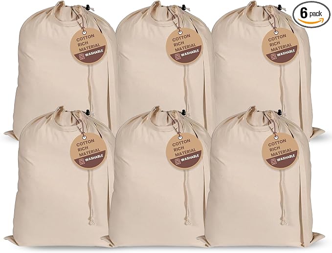 LFH Home Large Premium Cotton Rich Canvas Laundry Bag with Drawstring and Handles Heavy Duty, Multi-Use, and Washable for Home, Travel, College or Storage 28x36 (Pack of 6)-Natural by LFHHomePrivateLimited