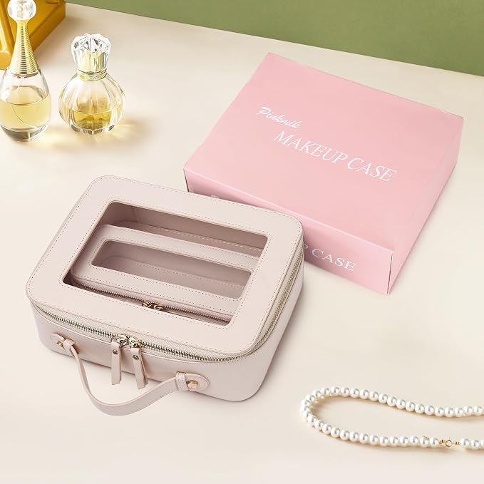 Pinkmik Clear Makeup Bag with Brush Bag 2pcs Waterproof Travel Case for Cosmetics and Toiletries Women's Cosmetic Organizer with Zipper (Beige, L+SLIM) - Image 6