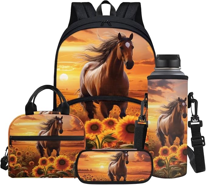 4pcs Backpack Set for Kids, Sunset Horse Sunflowers Print Teenage Students Bookbag with Lunch Bag & Pen Pouch & Water Bottle Cover for School Sport Travel by Glomenade