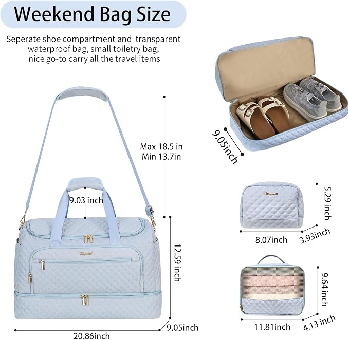 Wogarl 3PCS Weekender Bags for Women Large Overnight Bag Weekend Travel Duffel Bag Carry on Shoulder with Shoe Compartment Canvas Toiletry Bag for Travel Business Gym,Sky Blue - Image 3