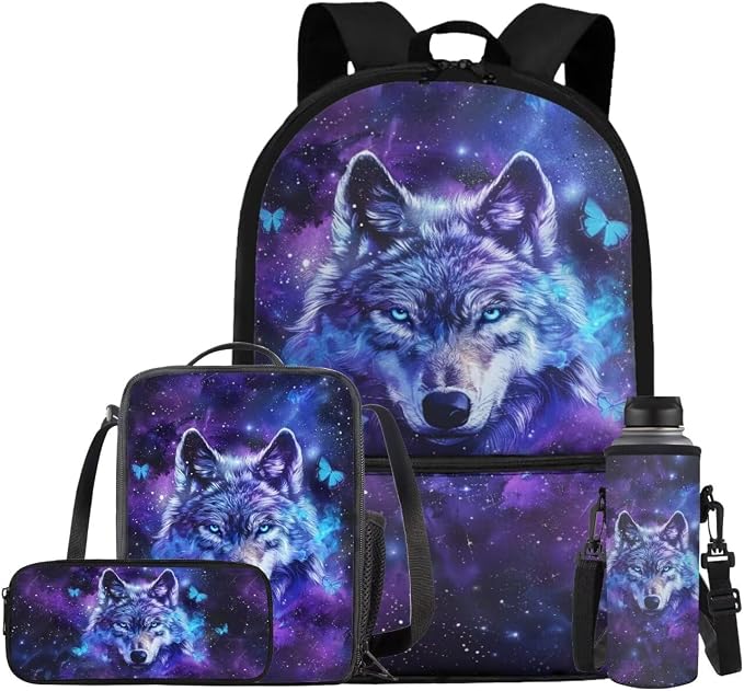 Galaxy Wolf Backpack for Girls Kids Backpack with Lunch Box Water Bottle Holder and Aesthetic Pencil Case 4PCS Set Bookbag with Front Pocket for School 17" Sturdy School Bag with Side Pocket by ELEDIZI