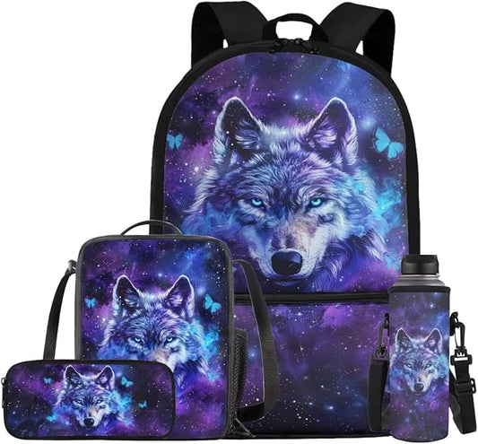 Galaxy Wolf Backpack for Girls Kids Backpack with Lunch Box Water Bottle Holder and Aesthetic Pencil Case 4PCS Set Bookbag with Front Pocket for School 17" Sturdy School Bag with Side Pocket by ELEDIZI