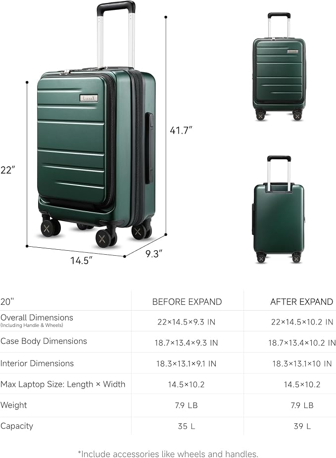 LUGGEX Carry On Luggage Front Opening 22x14x9 Airline Approved, Expandable Polycarbonate Suitcase with Front Pocket (Green, 20 Inch) - Image 8