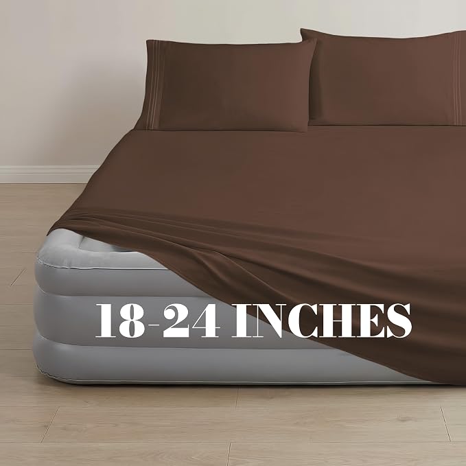 Mocassi 4-Piece Extra Deep Pocket 16-24 Inch Air Mattress Bed Sheet Set- 4PC Sheet Set with Smart Pockets Ideal for Air Beds, RVs, Camping and Guest Rooms Premium Hotel Quality, Queen, Brown - Image 3