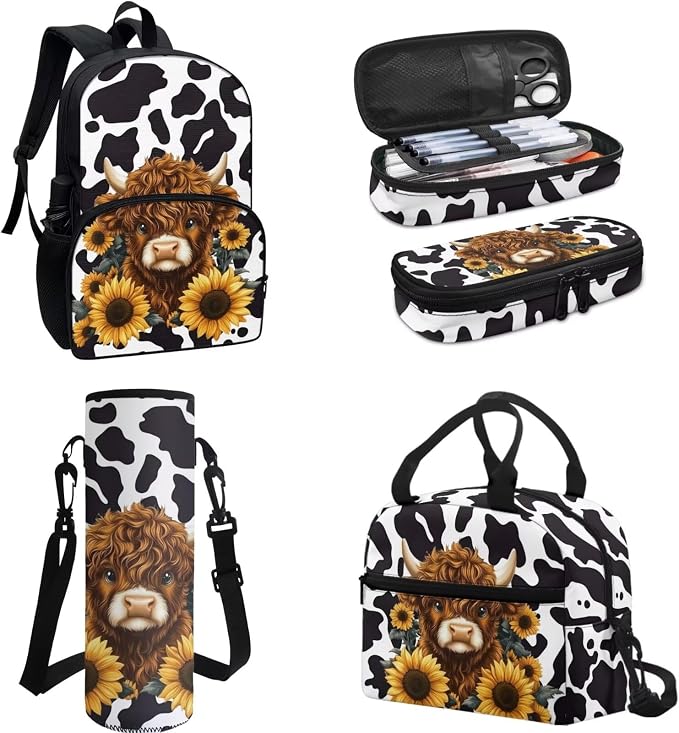 Highland Cattle Sunflowers Big Student Hiking Backpack Black White Cow Print Travel Bookbag Storage Lunch Tablet Tote Bag Water Cup Sleeve for Girls Boys Kids Teens Students, 4 Pack - Image 2