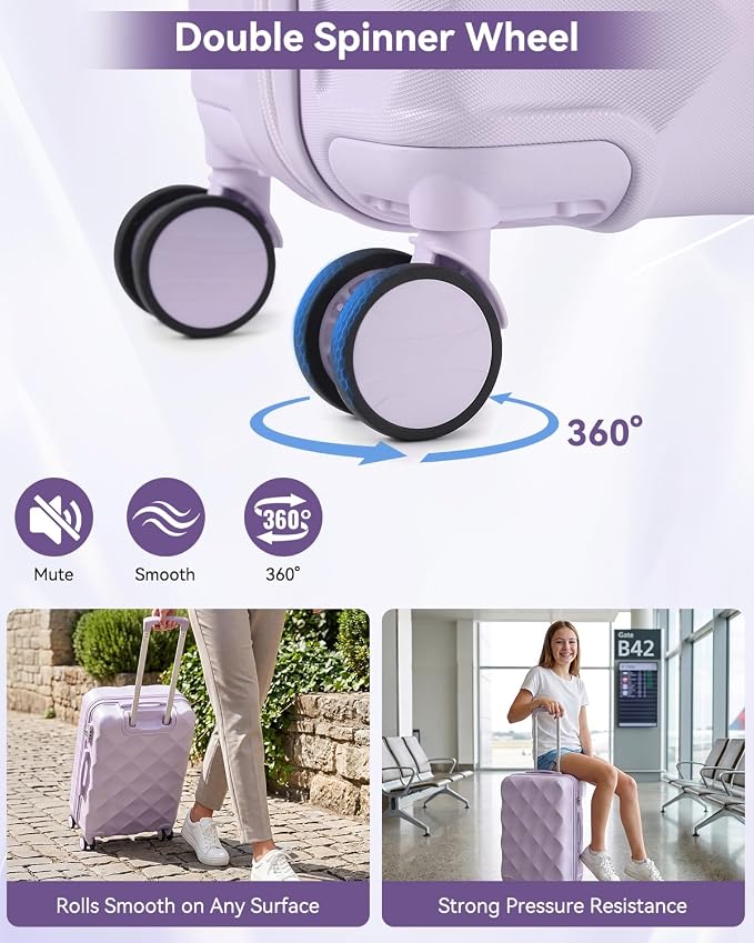 Somago Luggage Set of 3 Piece Suitcase Set Carry On Luggage with YKK Zipper TSA Lock ABS Hardside Luggage Spinner Wheels, Light Purple - Image 8
