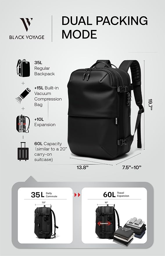 BlackVoyage Vortex Vacuum Seal Travel Backpack 60L Expandable Air Compression System Water Resistant TSA Lock Carry-On - Image 6