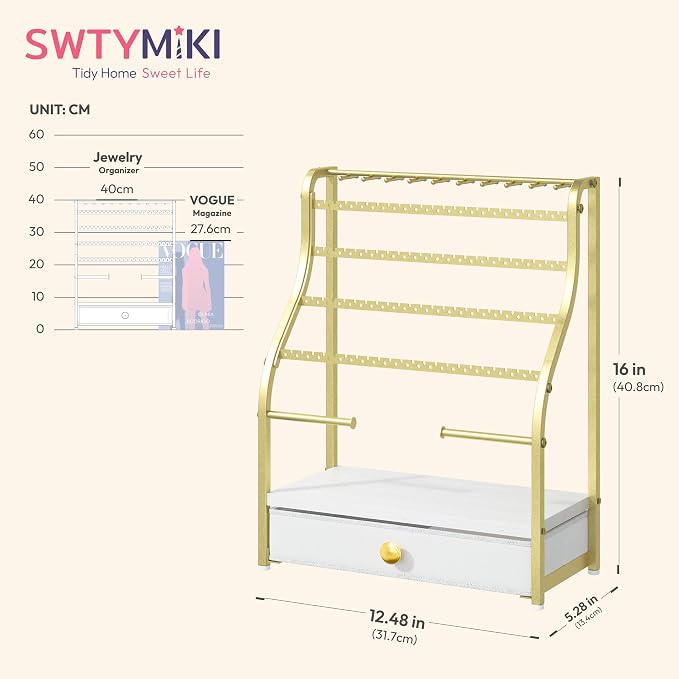SWTYMIKI Earring Holder Organizer - Jewelry Organizer Stand with Necklace Hooks, Watch Rods, Nonwoven Drawer, Large Capacity Jewelry Display for Stud Earring Bracelet Necklace Ring, Gold - Image 6
