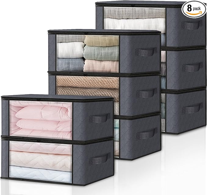 HomeHacks Storage 8-Pack Clothes Organizer Storage Bags Foldable Storage Box with Large Clear Window Sturdy Handles for Closet, Dorm, Pillows, Bedding, Clothes, Blankets, 35L, Grey by HomeHacks