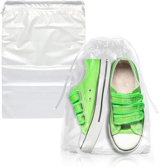 Clear Drawstring Bags, 8 x 10 Inch Plastic Shoe Bags with Cotton Drawstrings, Pack of 100 for Travel Storage and Packaging by PUREVACY