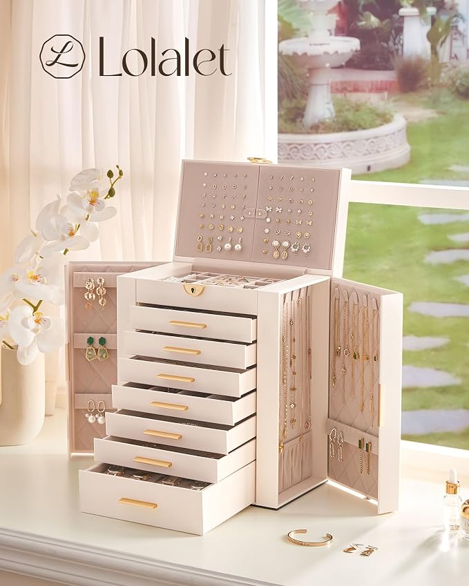 Lolalet Large Jewelry Box Organizer for Women, 8-Layer Jewelry Organizers and Storage Case with Mirror & 7 Drawers, Lockable Watch Ring Earring Bracelet Necklace Holder Girls Gift -8Layer, Beige - Image 5