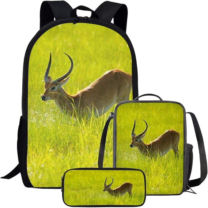 Girls Boys School Backpack with Lunch Box Pencil Case Comfy Padded Lightweight Lechwe Backpack Set Kids Cute Bookbag Insulated Lunch Bag Student Large Capacity Daypack 17 Inch by Parprinty