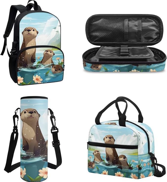 Cartoon Otter School Backpack Set 4 Pcs Girl's Schoolbag Sets Big Capacity Bookbag with Lunch Box Pencil Case Water Carrier Pouch for Primary,Secondary School,Back to School Gift - Image 2