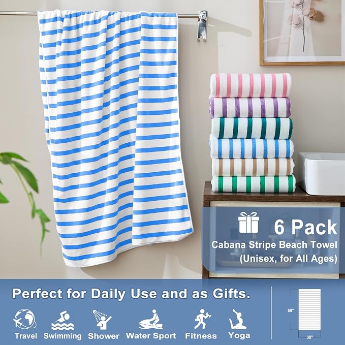 JML Microfiber Beach Towels, 6 Pack, 30" x 60", Cabana Stripe, Soft, Absorbent, Quick Dry Bath Towel Set for Adults, Travel, Summer Swimming Pool Party, Sport, Yoga, Camping, Stripe Blue and White - Image 2