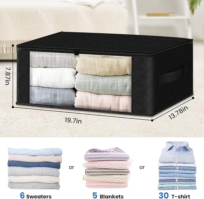 HomeHacks Storage 10-Pack Clothes Organizer Storage Bags Foldable Storage Box with Large Clear Window Sturdy Handles for Closet, Dorm, Pillows, Bedding, Clothes, Blankets, 35L, Black - Image 2
