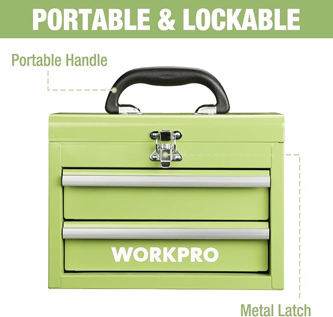 WORKPRO Portable Mini Metal Tool Box with 2 Drawers | Metal Tool Chest, Ball Bearing Slides, Top Storage, Latch Handle, PVC Drawer Liners, PP Feet Pads - Image 3