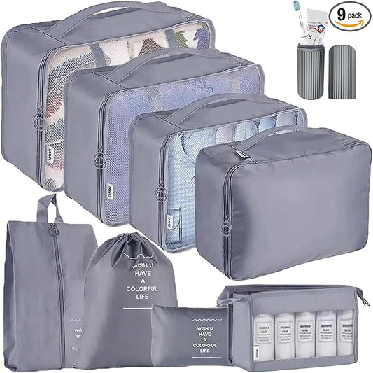 8 Pcs Packing Cubes, Travel Luggage Organizer for Men and Women, Toiletry Bag, Packing Cubes for Travel - Set of 8, 2. Grey, 9 Pieces Set with Toothbrush Holder, Travel Accessories by Unknown