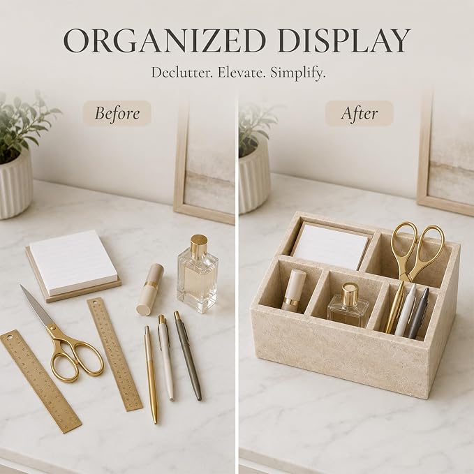 Travertine 5-Compartment Desk Organizer, Beige | Natural travertine with 5 compartments for pens, makeup brushes, skincare bottles, office supplies and vanity items - Image 8