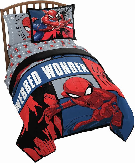 Marvel Spiderman Twin Comforter Set 5 Piece Kids Bedding for Boys, Multi | Bed in a Bag, Comforter Sheets Sham Pillowcase, Official Product, Soft Microfiber, Machine Washable, Easy Care, Boys Gift by JayFranco