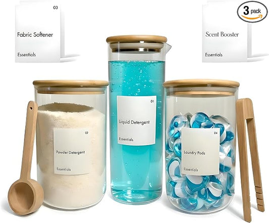 IVIZA Glass Laundry Detergent Dispenser & Storage Set – Liquid Detergent Pump, Fabric Softener Dispenser, Laundry Powder Jar & Dryer Sheet Holder – Complete Laundry Organization Set by Unknown