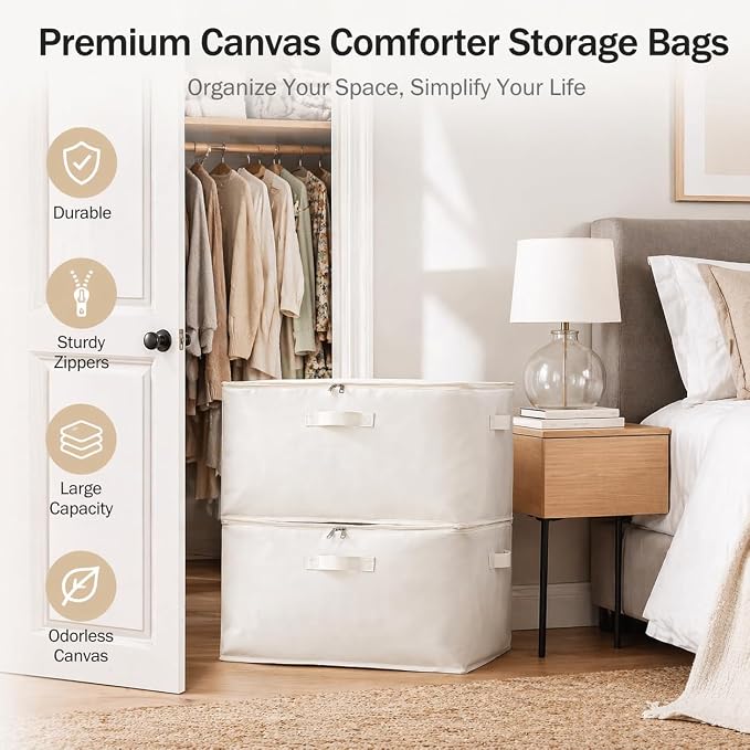 4 Pack Large Canvas Comforter Storage Bags Closet Organizer for Clothes Sweater Clothes Organizer with Dual Zipper Three Carrying Handles for Blanket Closet Storage Container - Image 3