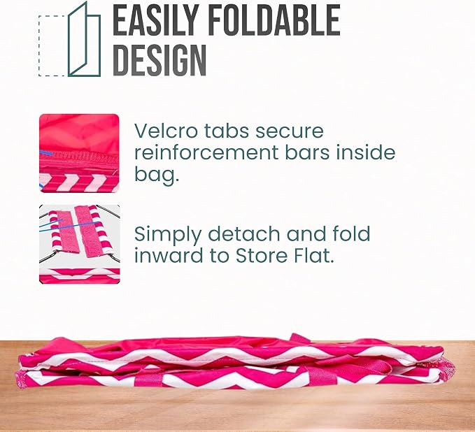 Extra Large Utility Tote Bag, Oversized Collapsible Reusable Wire Frame Rectangular Canvas Basket With Two Exterior Pockets For Beach, Pool, Laundry, Car Trunk, Storage - Chevron Pink - Image 6