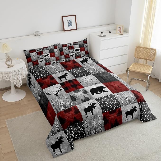 Erosebridal Lodge Deer Comforter Full,Burgundy Buffalo Plaid Check Bedding Set for Kids Boys Girls,Bear Elk Antler Wild Hunting Animal Duvet Insert,Merry Christmas Down Comforter with 2 Pillowcases - Image 4