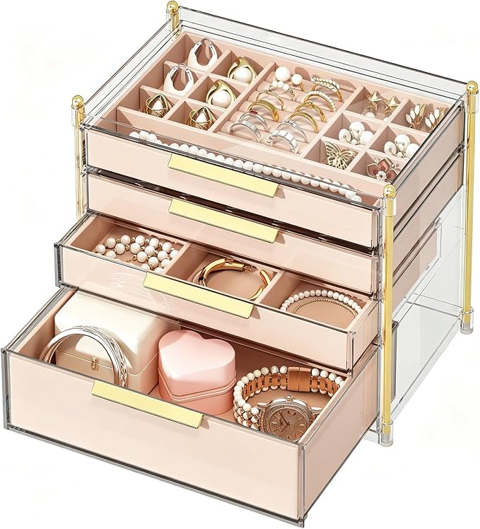 FOLLOWIN Jewelry Box for Women, 4 Drawers Jewelry Organizer and Storage, Clear Acrylic Jewelry Organizer with Removable Velvet Trays, Large Capacity Jewelry Holder for Rings Earrings Necklaces by FOLLOWIN