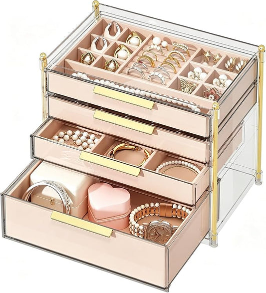 FOLLOWIN Jewelry Box for Women, 4 Drawers Jewelry Organizer and Storage, Clear Acrylic Jewelry Organizer with Removable Velvet Trays, Large Capacity Jewelry Holder for Rings Earrings Necklaces by FOLLOWIN