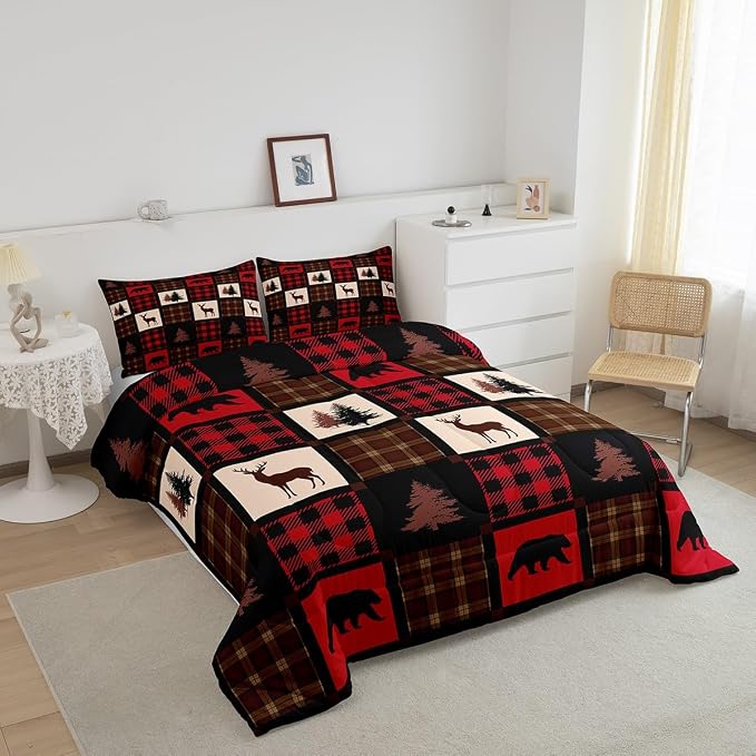 Rustic Deer Pattern Comforter Set Full,Elk Moose Bear Bedding Set for Farmhouse Decor,Buffalo Plaid Grid Down Comforter,Rustic Red Country Style Woodland Patchwork Quilted Comforter,2 Pillowcases - Image 3
