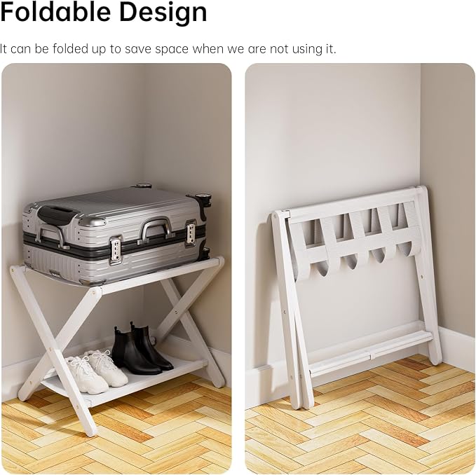 HITNET White Luggage Rack, Set of 2, Folding Suitcase Stand with Storage Shelf, Bamboo Luggage Holder with 5 Nylon Straps for Guest Room Bedroom Hotel - Image 3