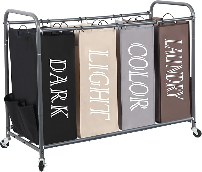 STORAGE MANIAC Laundry Sorter 4 Section, 47.5 Gal (180 L) Laundry Hamper with Wheels, Clothes Divider Basket Sorter, Separator Hamper Cart with Removable Bags, Multicolored by STORAGEMANIAC