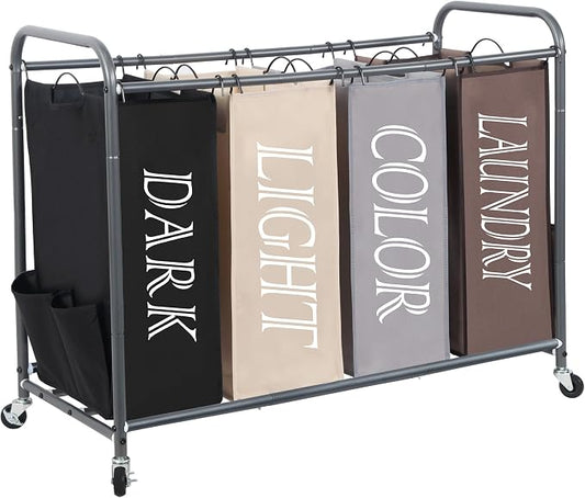 STORAGE MANIAC Laundry Sorter 4 Section, 47.5 Gal (180 L) Laundry Hamper with Wheels, Clothes Divider Basket Sorter, Separator Hamper Cart with Removable Bags, Multicolored by STORAGEMANIAC