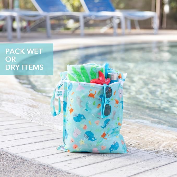 Bumkins - Waterproof Wet Bag & Clear Travel Bags - For Beach, Baby, Travel, Swim Suit, Cloth Diapers, Pump Parts, Pool, Gym, Toiletries - Reusable & Easy to Clean - Ocean Life Blue - 4 Pack - Image 5