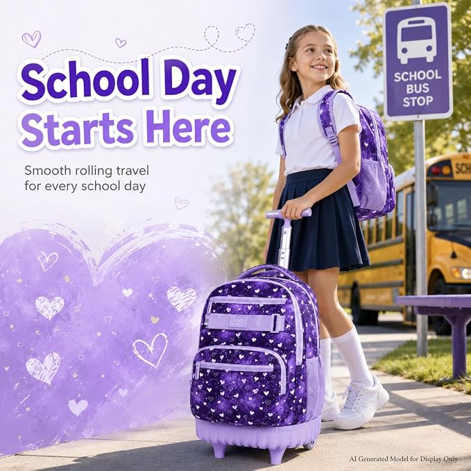 3Pcs Rolling Backpack for Girls, 19" Kids Wheeled Bookbag with Lunch Box, Roller Bag for Elementary Travel (Purple) - Image 8