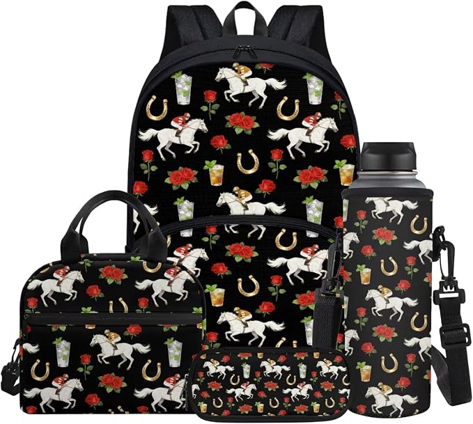 School Backpack for Girls Boys Full Set of 4 Floral Drink Horse Print Casual Schoolbags with Insulated Thermal Lunch Box Cooler Water Bottle Carrier Portable Pencil Case by Glomenade