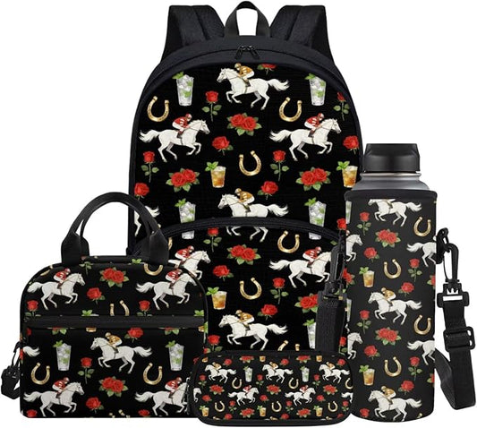 School Backpack for Girls Boys Full Set of 4 Floral Drink Horse Print Casual Schoolbags with Insulated Thermal Lunch Box Cooler Water Bottle Carrier Portable Pencil Case by Glomenade