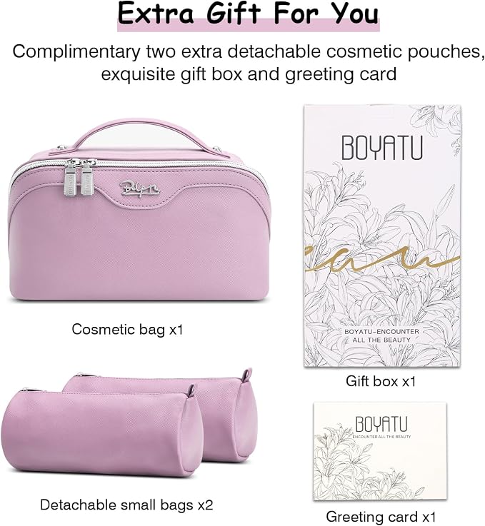 BOYATU Travel Makeup Bag Organizer Cosmetic Bag: 3 Pcs Set Make up Bags for Women with Handle - Waterproof Vegan Leather Toiletry Bags Travel Essentials Pouch with Compartments (C-06-Purple) - Image 7