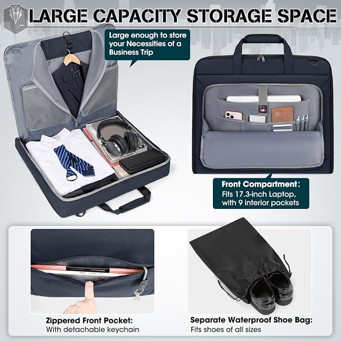 RAINSMORE Garment Bags for Travel Carry On Garment Bag for Hanging Clothes, Suit Bag for Business Trips with Shoes bag & Shoulder Strap, Waterproof Foldable Suit Luggage Bag for Men Women, Blue - Image 3