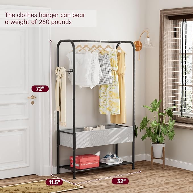 SINGAYE Wardrobe Standing Closet Clothing Rack With Shelf Hanging Clothes | Wardrobe Open Compact Small Metal Garment Hanger Stand Alone Free Standing Black Closet Rack Storage Organizer Heavy Duty - Image 6