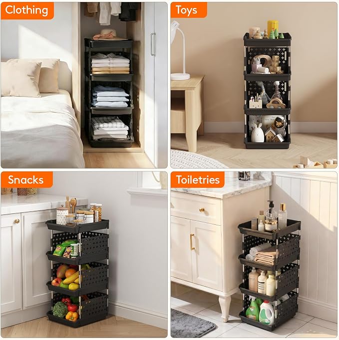 Lifewit Plastic Stackable Storage Baskets, 4 Tier Stacking Bins for Food and Clothes, Multifunctional Organizer for RV, Kitchen, Playroom, Pantry, Black, 35 x 30 x 72 cm/14 x 12 x 28 inch, 1 Pack - Image 4