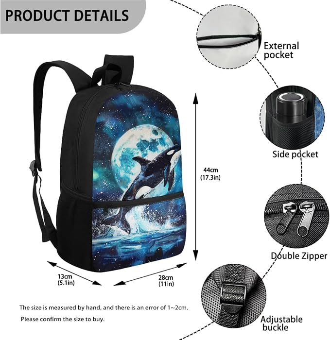 Killer Whale Backpack for School with Lunchbox and Pencil Case Moon Night Kids Bookbag and Lunch Box Set Elementary Schoolbag Lunchbox 3 in 1 Back To School Bag Lunch Bag - Image 3