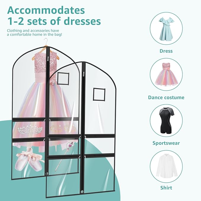 8 Pack Clear Garment Bags for Dance Costumes,40 Inch Transparent Dance Costume Bag with 4 Zipper Pockets & ID Window,Waterproof Hanging Garment Bag for Competition,Recital,Travel - Image 2