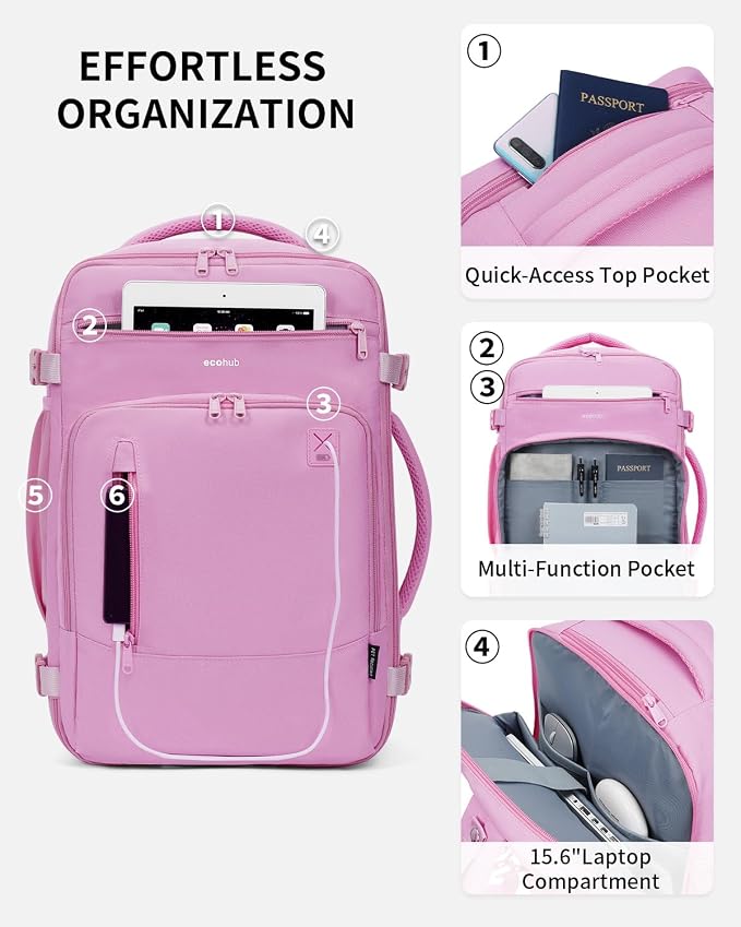 ECOHUB 17" Small Travel Backpack, United Airlines Personal Item Bag 17x10x9 with 16 Pockets, Water Resistant Rucksacks Fit 15.6" Laptop, AirTag Pocket, Lightweight Casual Daypack, 25L, Pink - Image 4