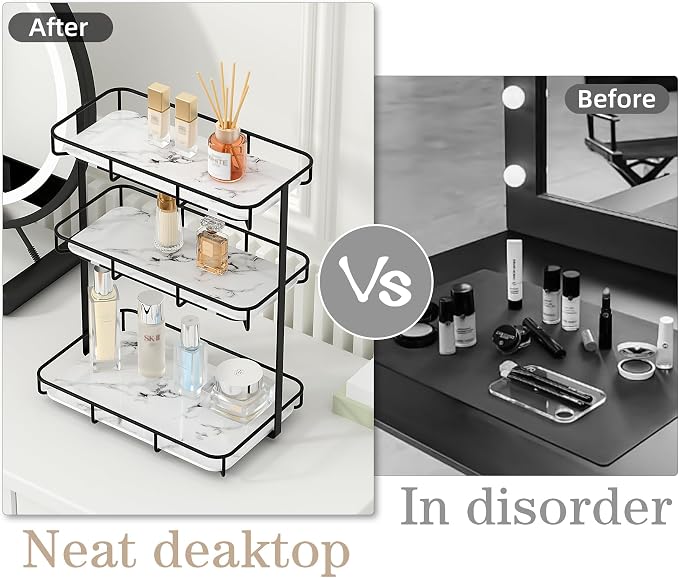 Bathroom Organizer Countertop Perfume Organizer Makeup Organizer Cosmetics Storage Display Rack Vanity Tray Dresser Stainless Steel Gold Shelf White Marble Ceramic Tray - Image 5
